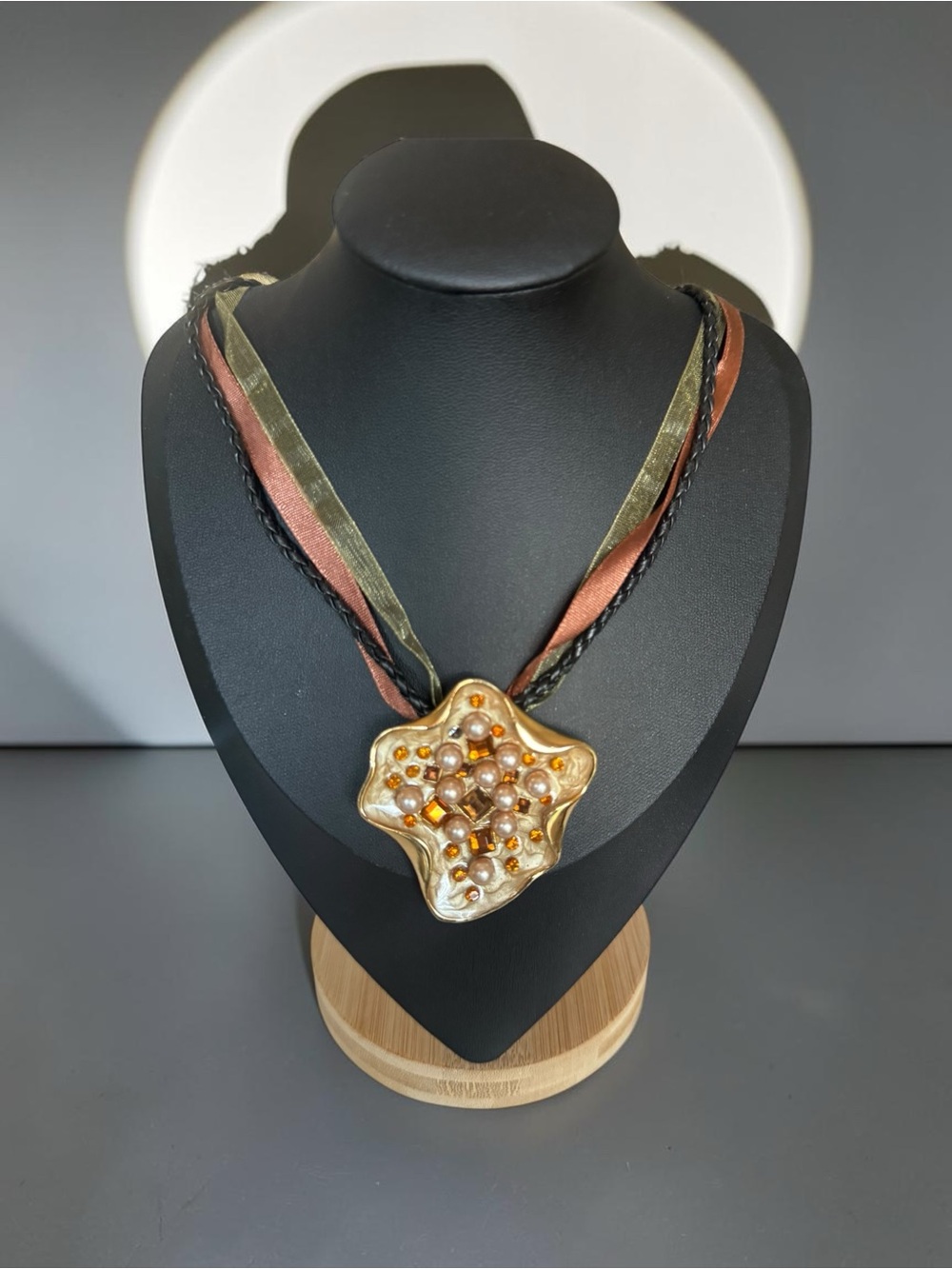Handcrafted Gold-Tone Statement Pendant Necklace in Brown and Olive